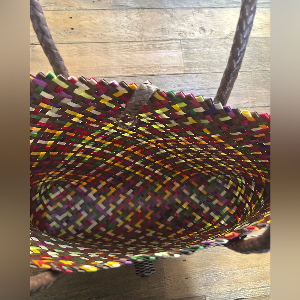 Colorful Woven Tote Bag with Pom Poms keychains made out of recycled plastic - Picture 7 of 11